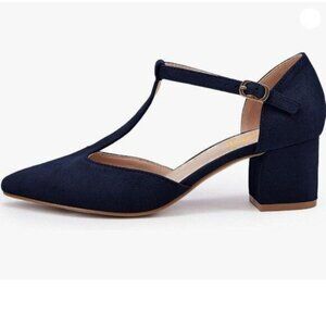 miss left Women Pointed Toe Pumps with T-Strap D'Orsay Low Block Chunky Heels Co